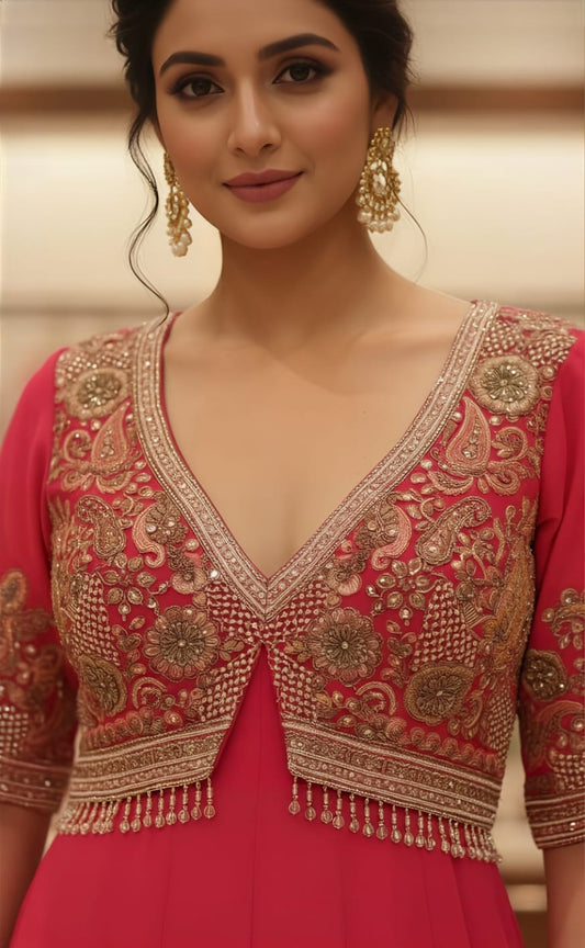 Designer Carrot Shade Heavy Work Anarkali Dress