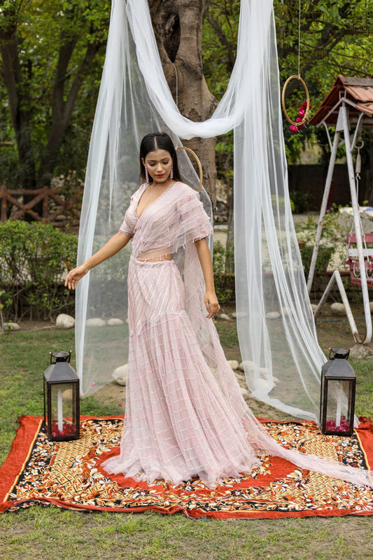 Onion Pink Cocktail Wear Drape Saree with Net Pallu and Cutdana Thread Work
