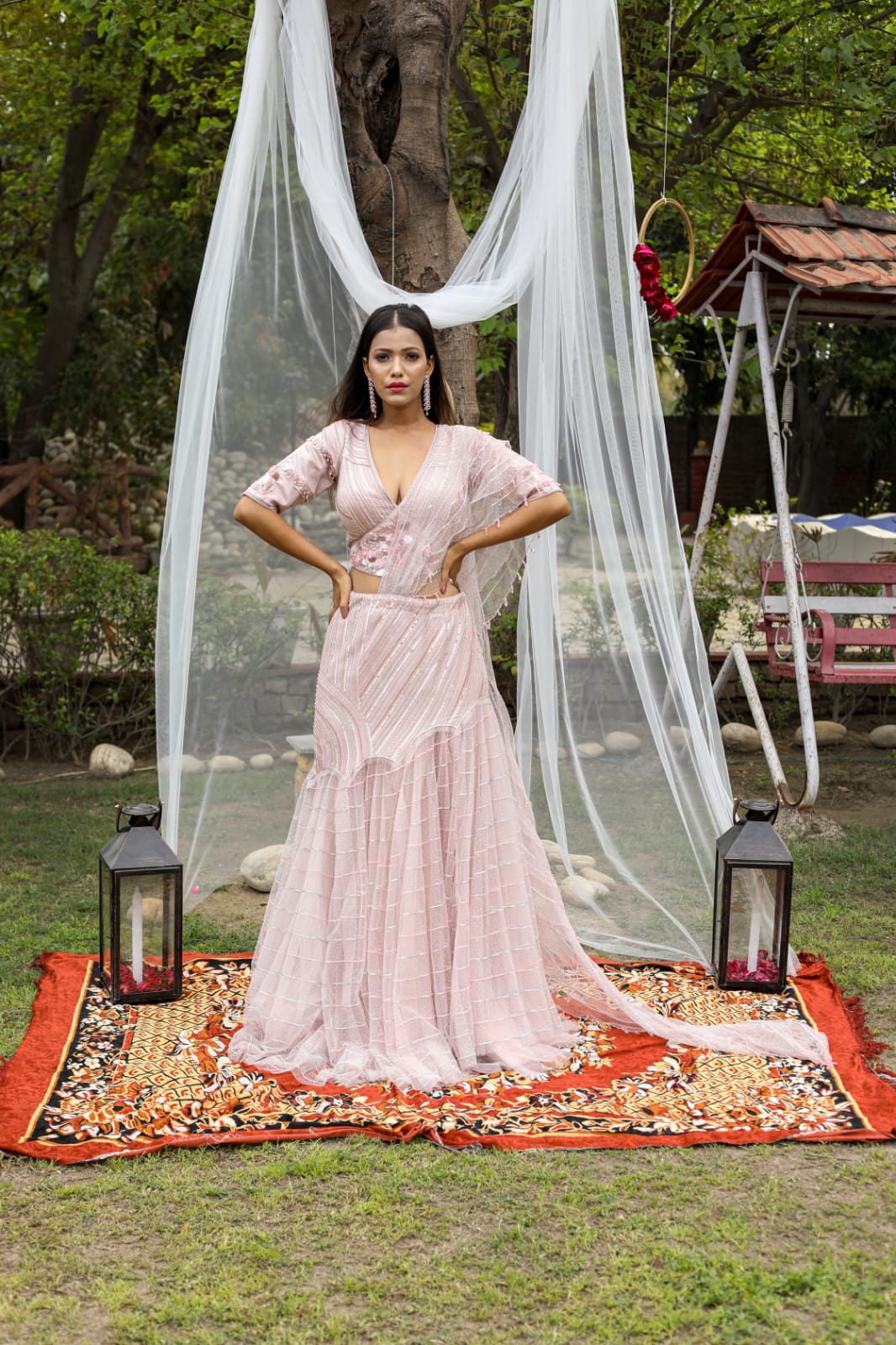 Onion Pink Cocktail Wear Drape Saree with Net Pallu and Cutdana Thread Work
