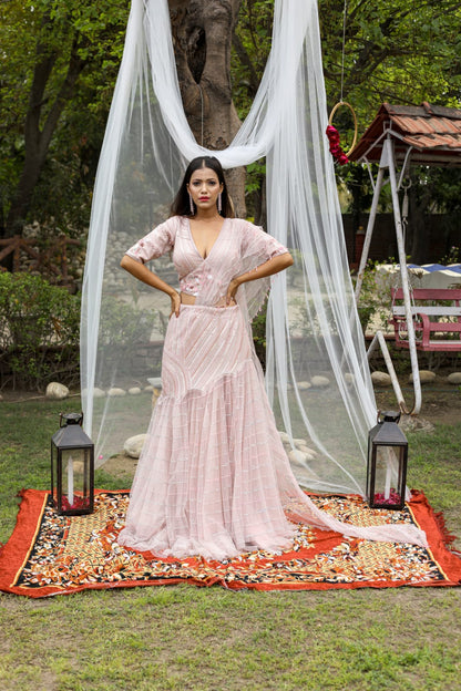 Onion Pink Cocktail Wear Drape Saree with Net Pallu and Cutdana Thread Work