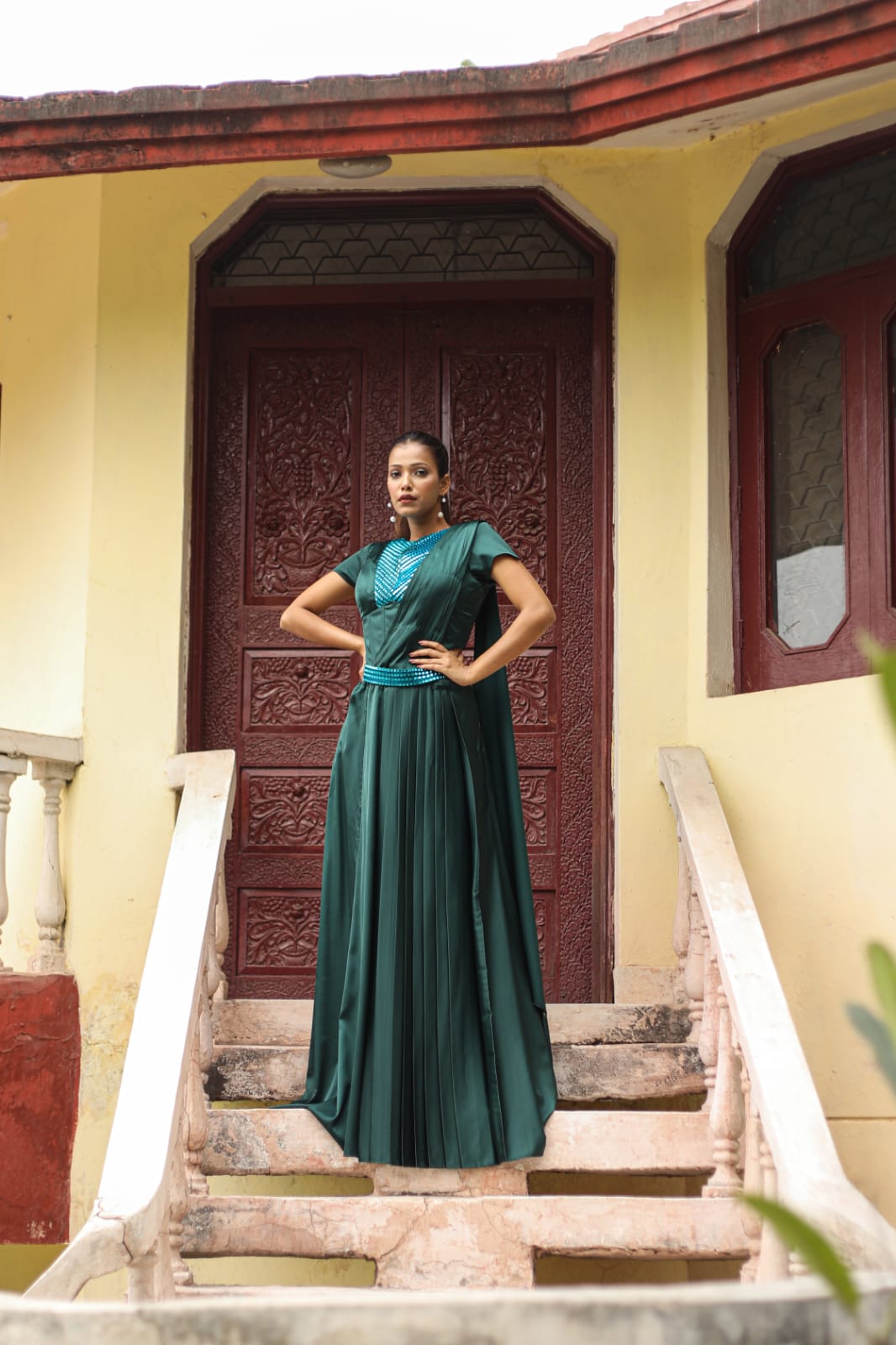 Bottle Green Party Wear Satin Drape Saree with Delicate Wire Work