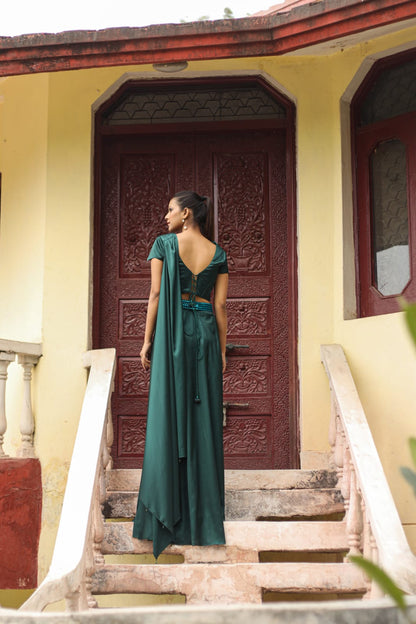 Bottle Green Party Wear Satin Drape Saree with Delicate Wire Work