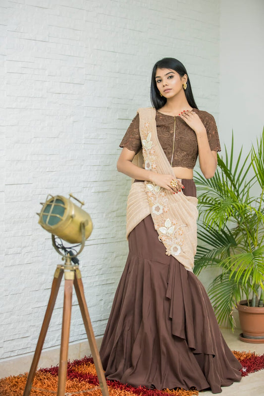 Brown Contemporary Drape Saree in Golden Silk with Gota and Crystal Accents