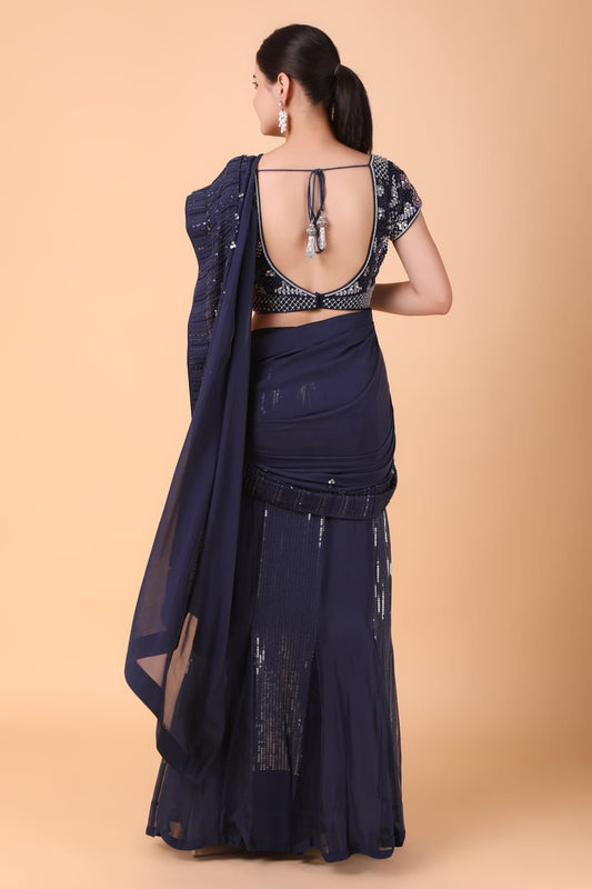 Navy Blue Satin And Crepe Saree With Sequin Cutdana Pearl And Crystal Work
