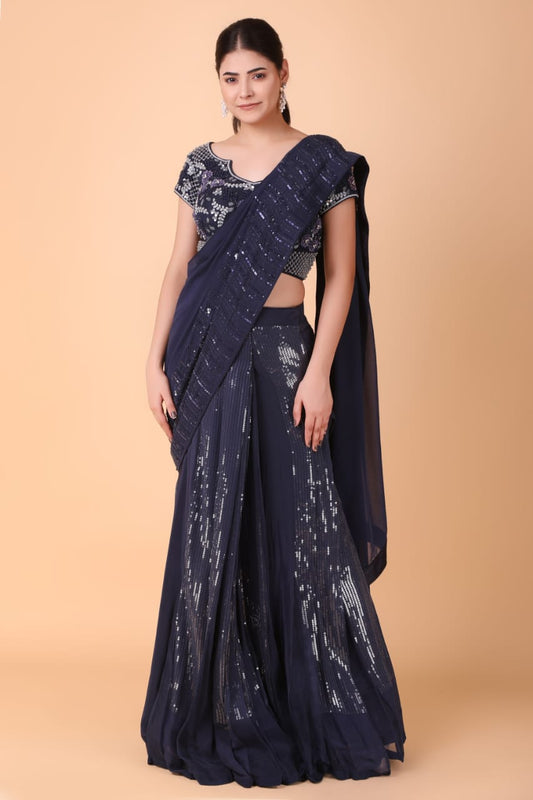 Navy Blue Satin And Crepe Saree With Sequin Cutdana Pearl And Crystal Work