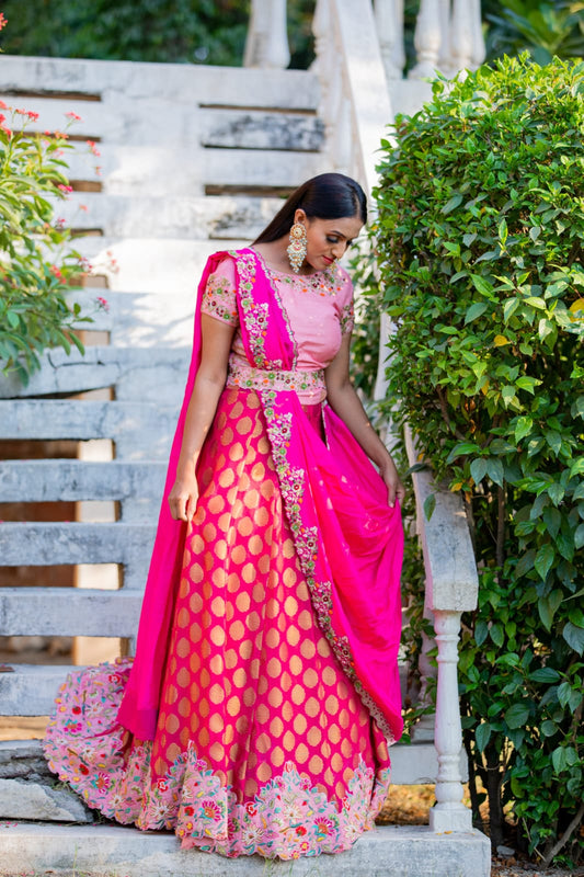 Party Wear Readymade Lehenga Saree With Elegant Thread Dabka And Pearl Accents