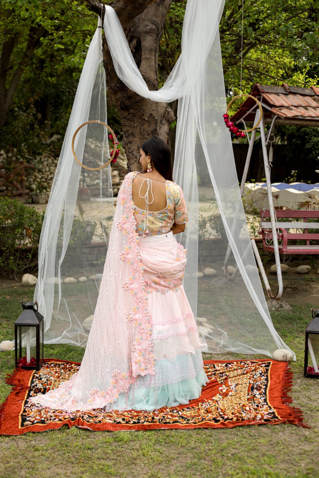 Pink Aqua Designer Lehenga Saree In Net And Silk With Hand Embroidery