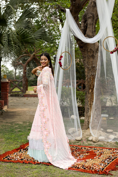 Pink Aqua Designer Lehenga Saree In Net And Silk With Hand Embroidery