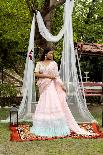 Pink Aqua Designer Lehenga Saree In Net And Silk With Hand Embroidery