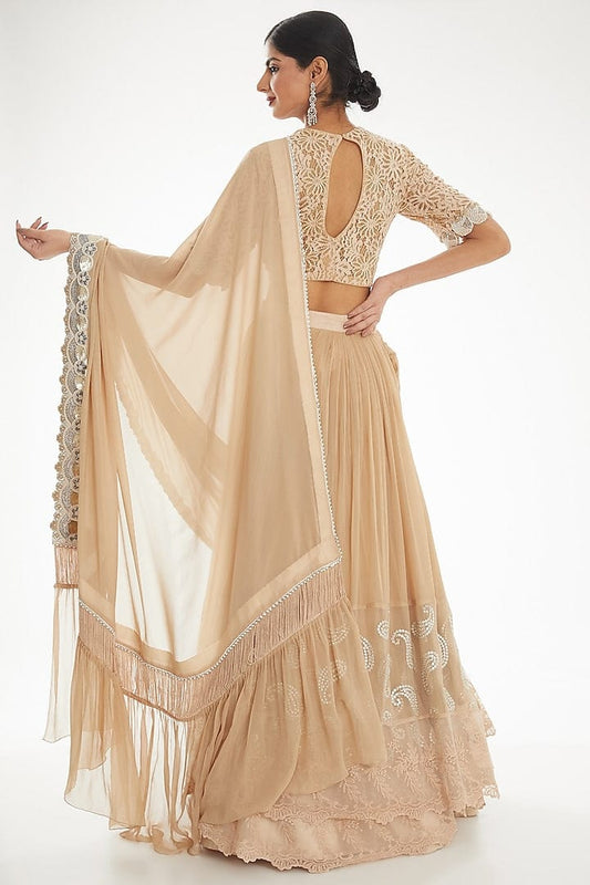 Luxury Golden Georgette Lehenga Saree with Intricate Thread and Pearl Detailing