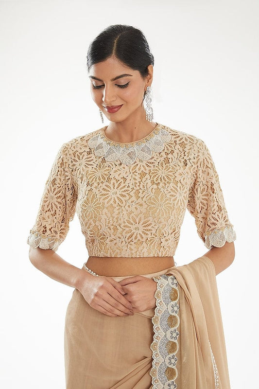 Luxury Golden Georgette Lehenga Saree with Intricate Thread and Pearl Detailing