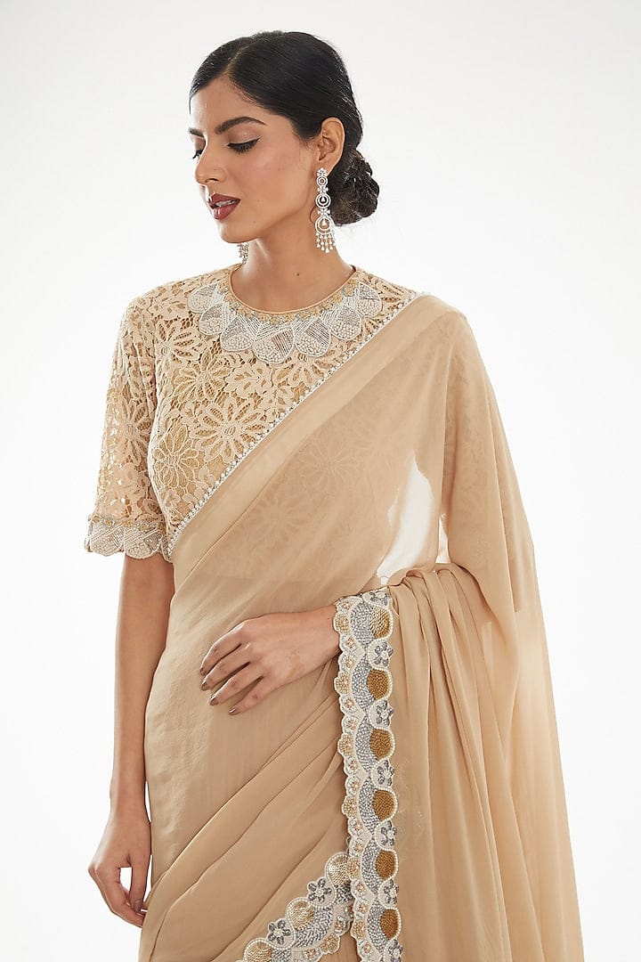 Luxury Golden Georgette Lehenga Saree with Intricate Thread and Pearl Detailing