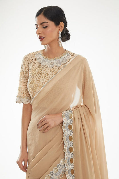 Luxury Golden Georgette Lehenga Saree with Intricate Thread and Pearl Detailing