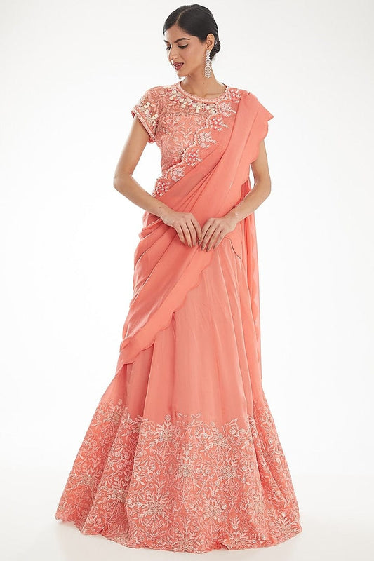 Peach Lehenga Saree With Crystal Pearl Sequins And Cutdana Work