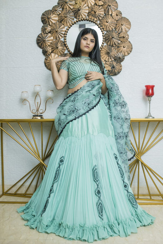 Designer Aqua Blue Lehenga Saree In Chiffon and Silk with Intricate Handwork