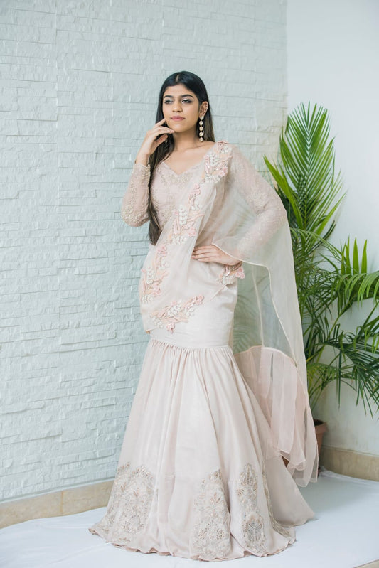 Elegant Blush Peach Organza And Stone Wash Drape Saree With 3D Detailing