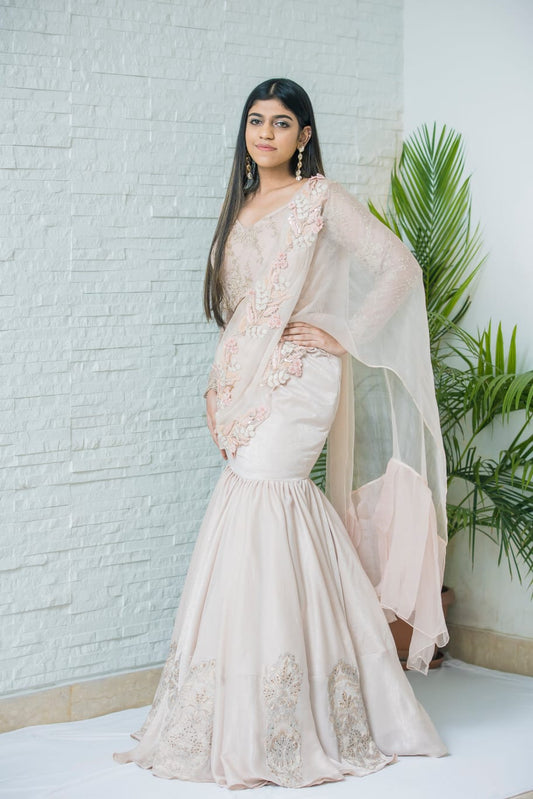 Elegant Blush Peach Organza And Stone Wash Drape Saree With 3D Detailing