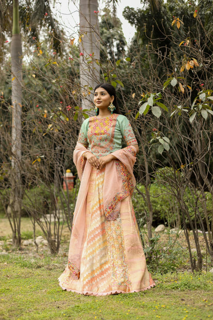 Luxury Peach-Mint Green Lehenga Saree Adorned with Mirror and Thread Embroidery