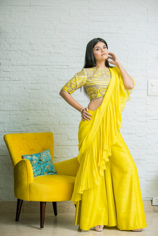 Luxury Lemon Yellow Silk Saree With Thread Pearl Cutdana Sequin And Zari Embellishments