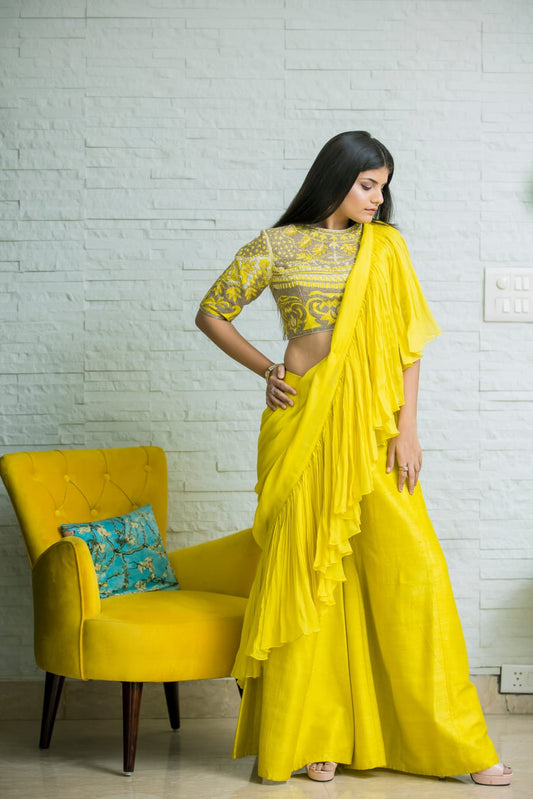Luxury Lemon Yellow Silk Saree With Thread Pearl Cutdana Sequin And Zari Embellishments