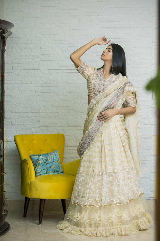 Cream Lehenga Saree in Imported Silk with Colourful Thread & Knotted Work