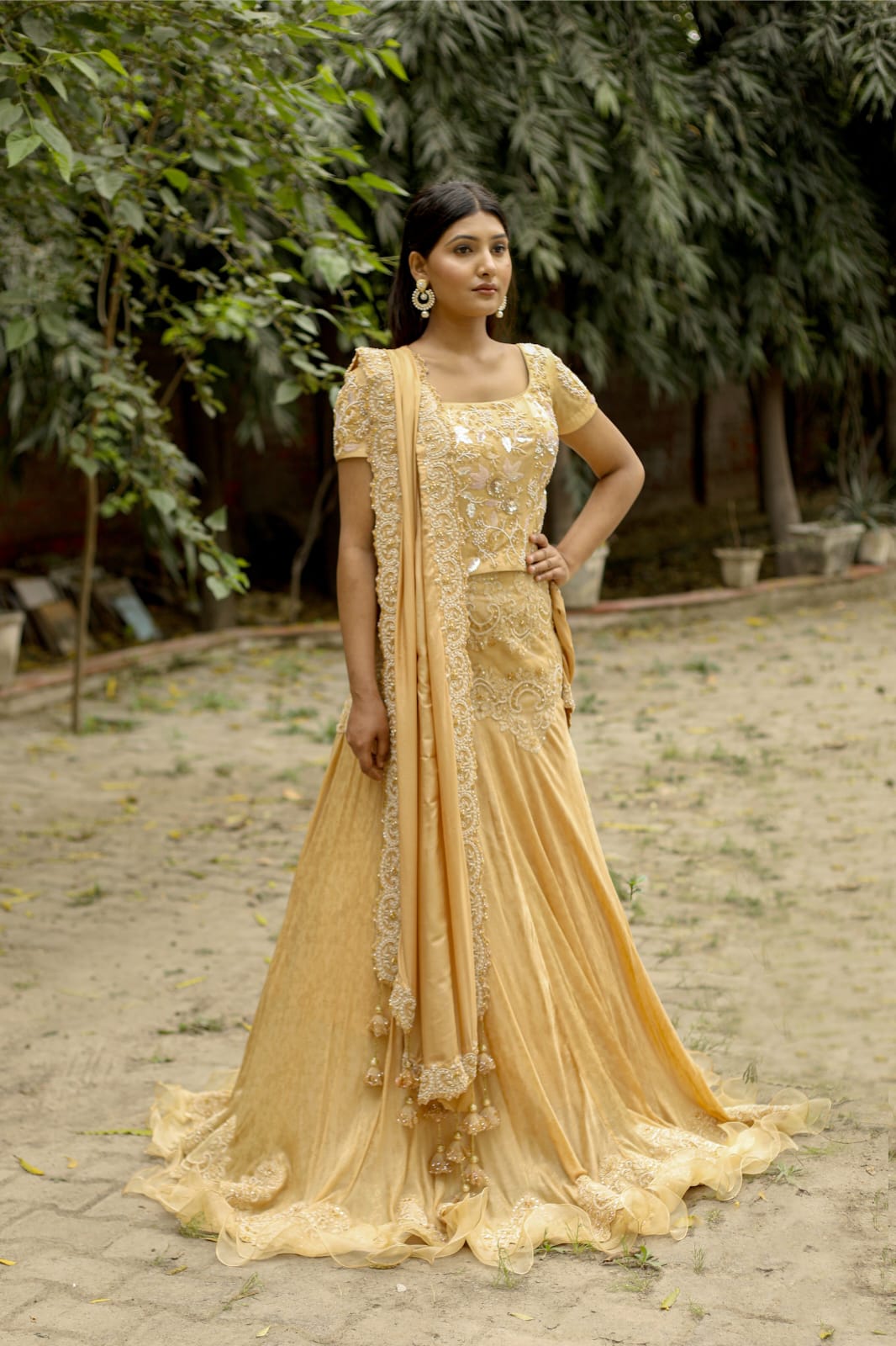 Golden Contemporary Silk Drape Saree with Elegant Crystal Work