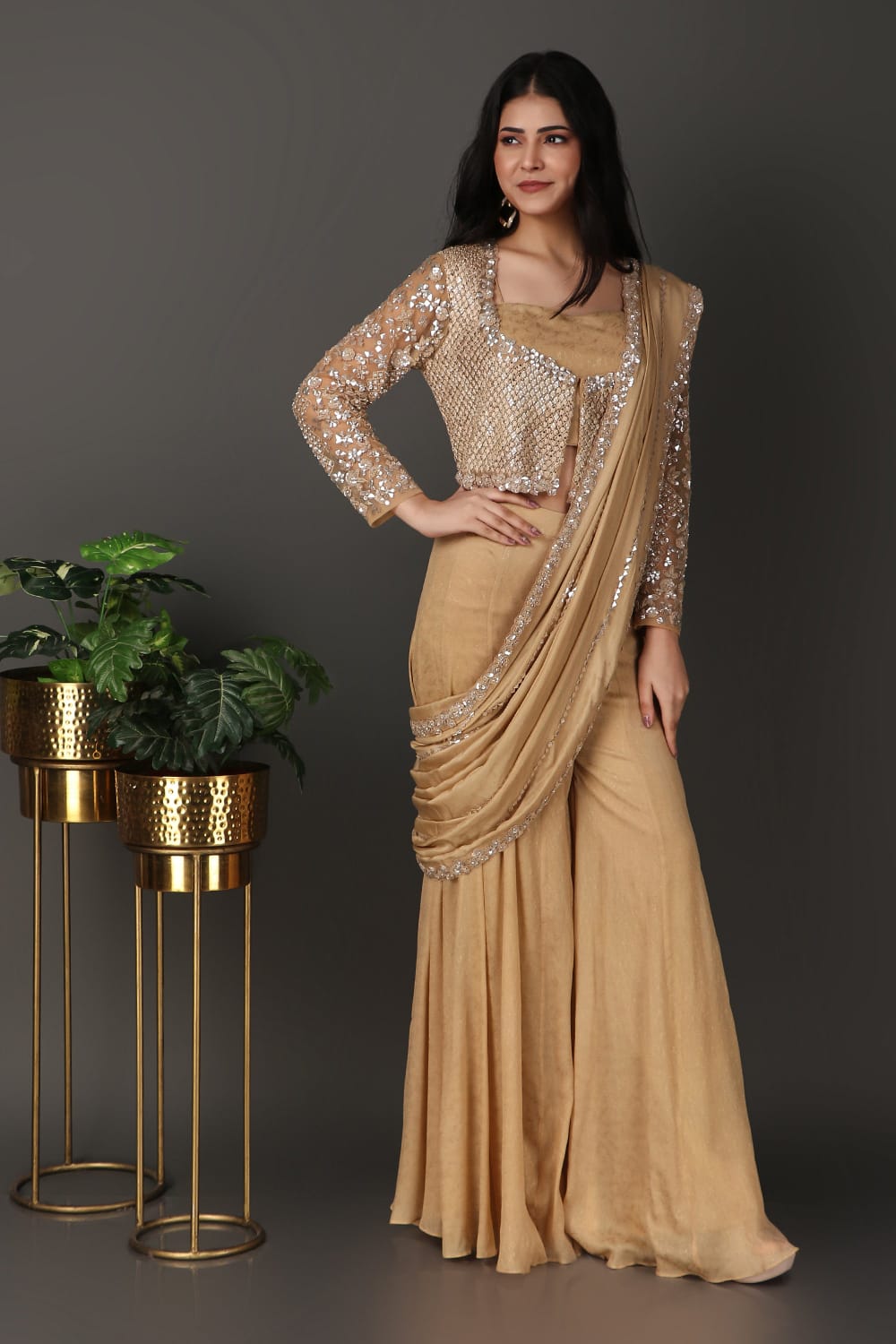 Festive Golden Silk Georgette Drape Saree with Handcrafted Embellishments