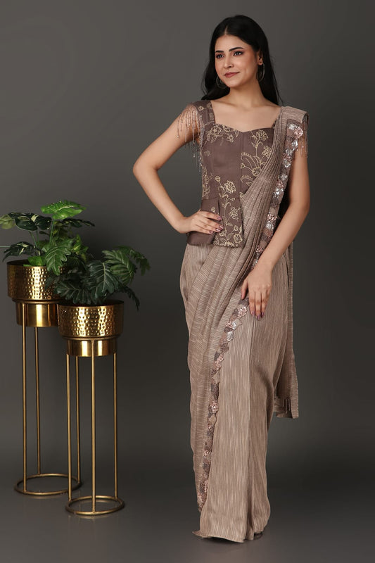 Designer Mouse-Colored Drape Saree in Georgette with Handcrafted Work