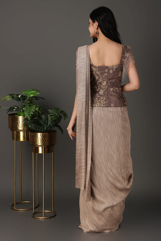 Designer Mouse-Colored Drape Saree in Georgette with Handcrafted Work