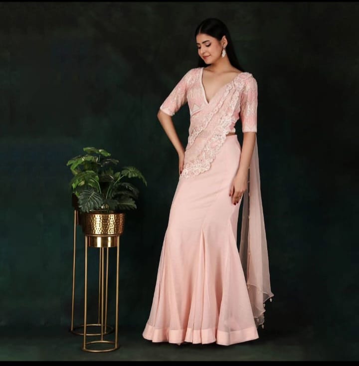 Designer Pink Drape Saree With Sequins Pearl And Cutdana Detailing