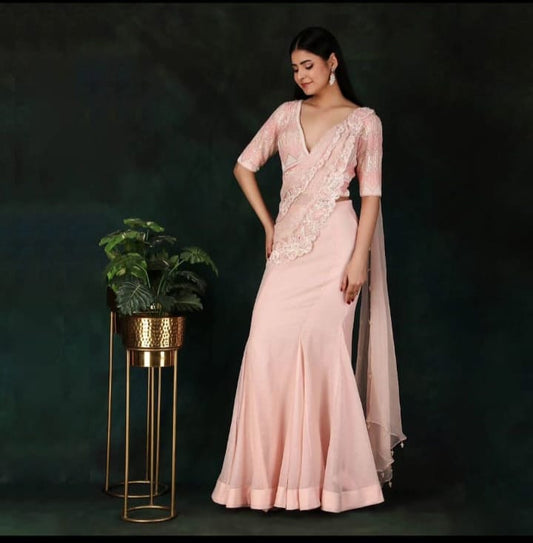 Designer Pink Drape Saree With Sequins Pearl And Cutdana Detailing