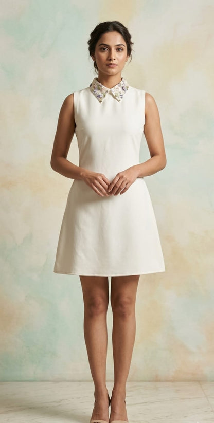 Off-white Dress embellished with sequence, embossed flower on collar