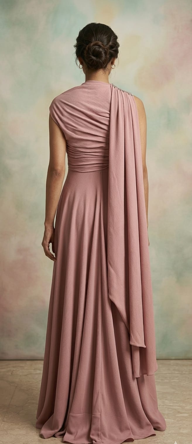 Dusky Pink Dress with Cowl Drape on Shoulder