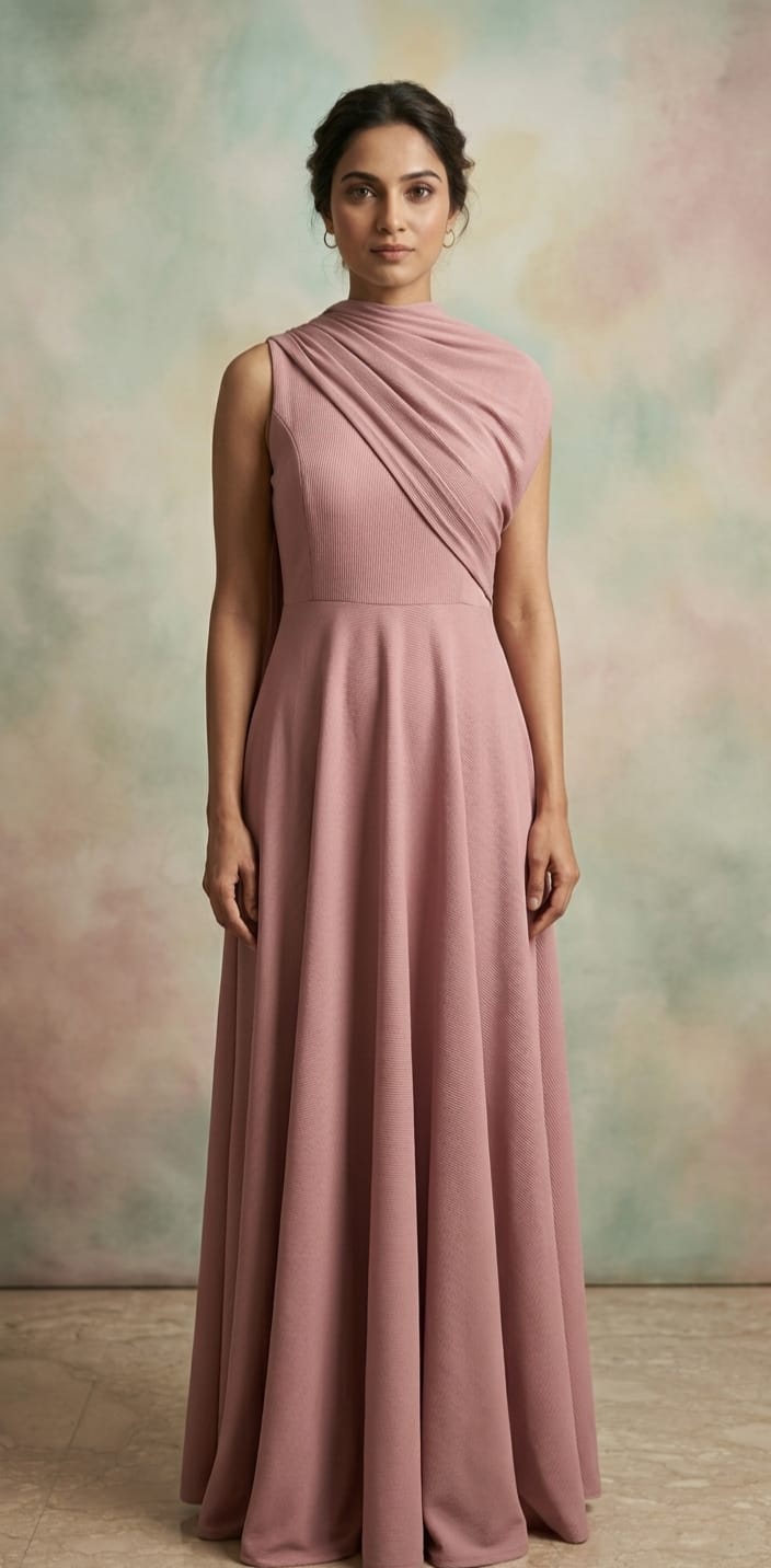 Dusky Pink Dress with Cowl Drape on Shoulder