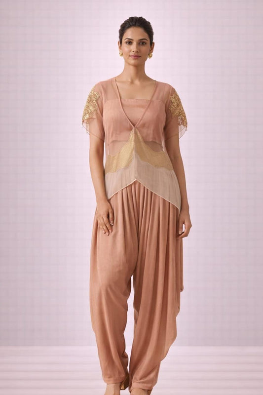 3pc Pleated Dhoti with organza tissue jacket & bustier