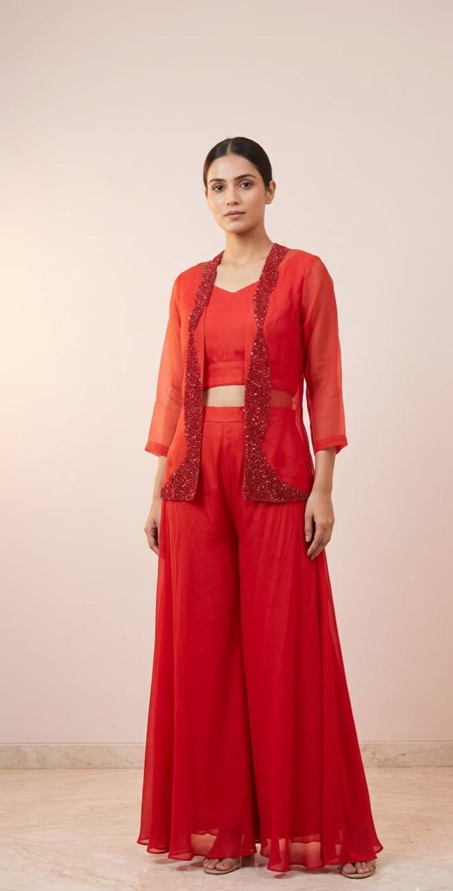 Red organza jacket with red cutdana work & bustier or pant