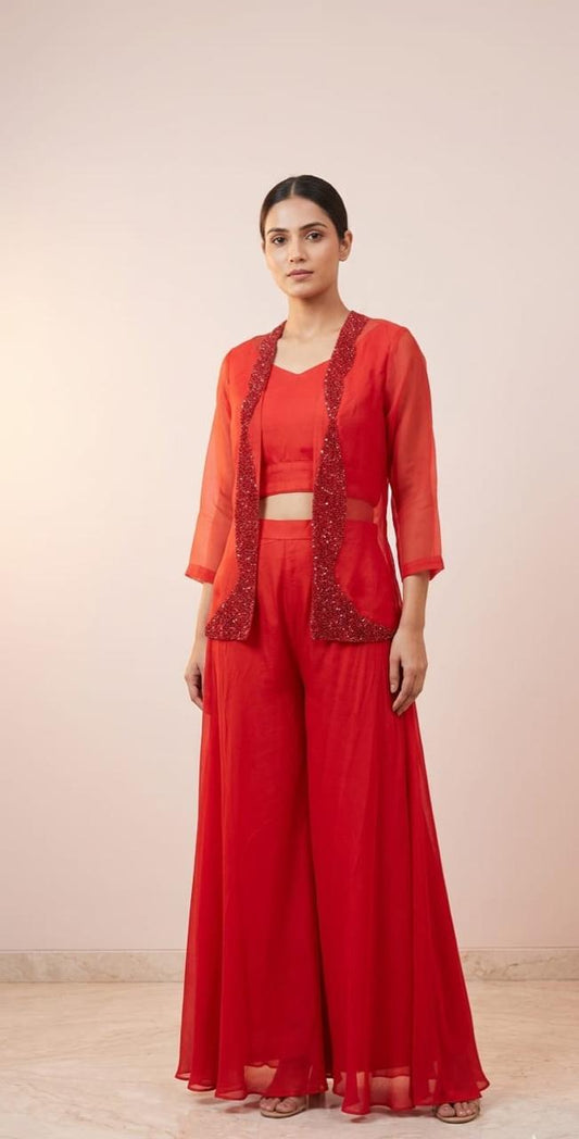Red organza jacket with red cutdana work & bustier or pant