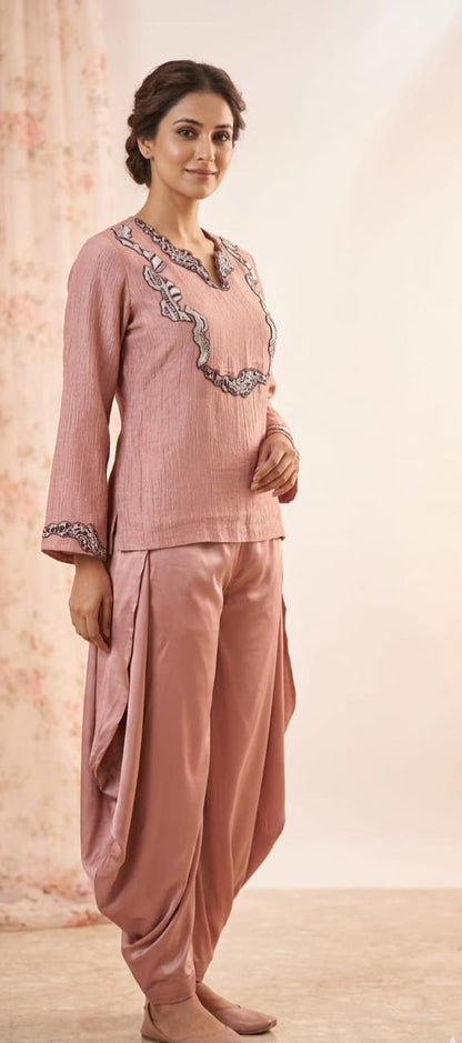 Onion pink tissue winkled short kurti with cowl pants