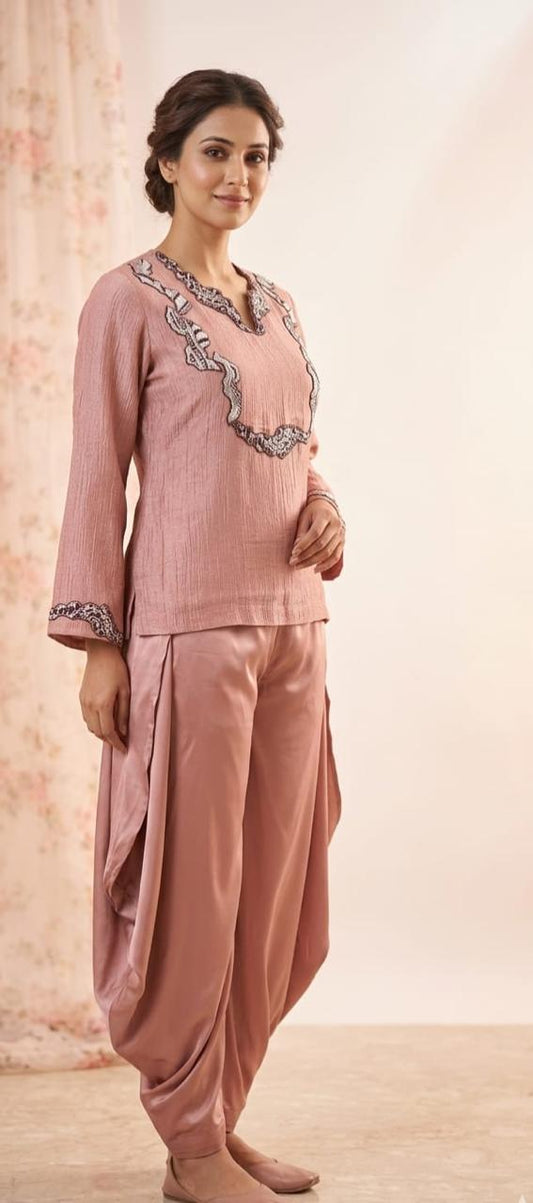 Onion pink tissue winkled short kurti with cowl pants