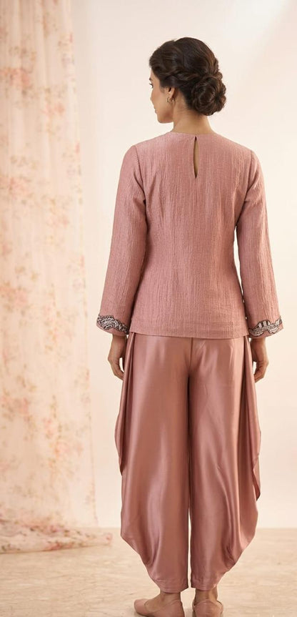 Onion pink tissue winkled short kurti with cowl pants