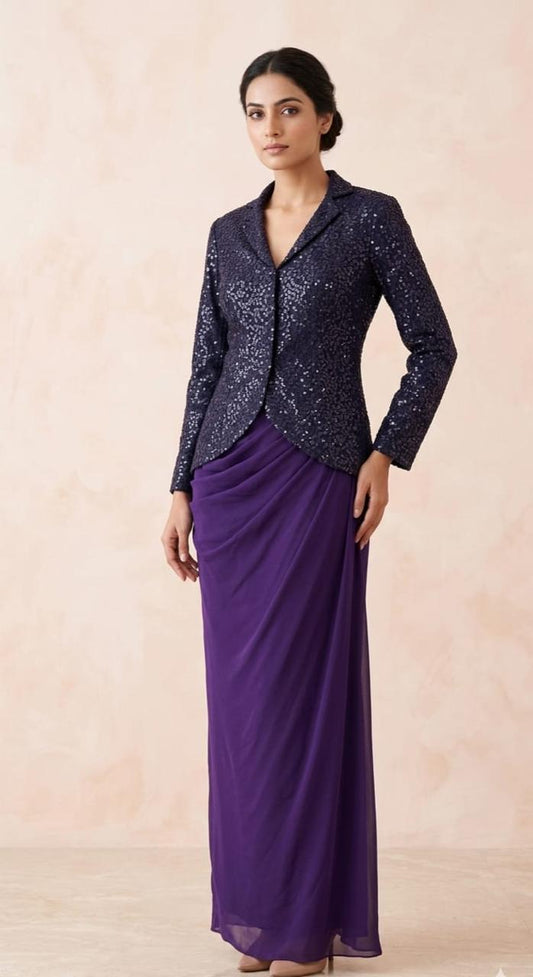 purple sequence coat and drape skirt