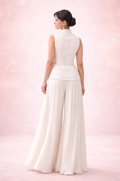 Off white  long jacket with cutdana & satin box pleats plazzo