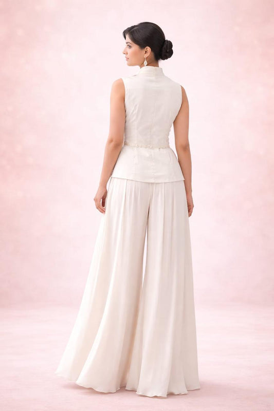 Off white  long jacket with cutdana & satin box pleats plazzo