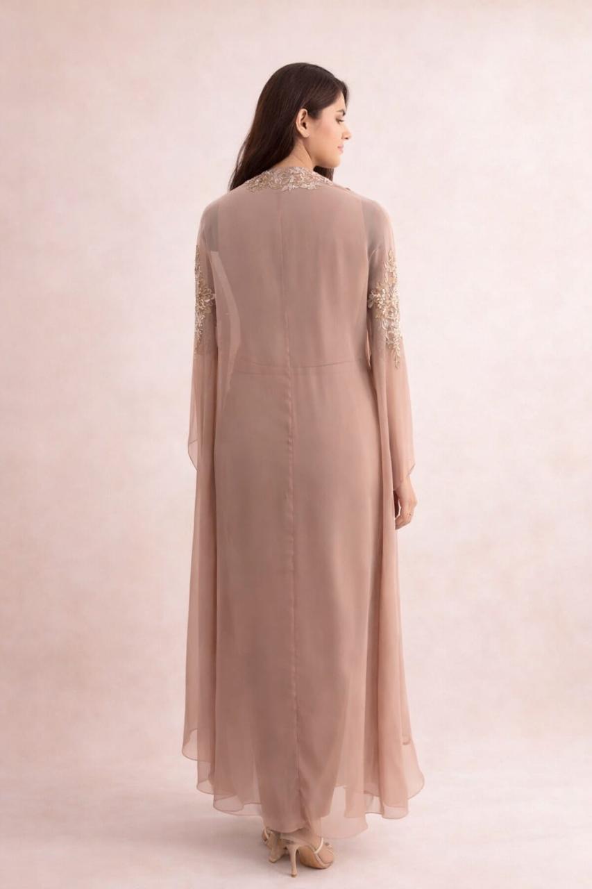 Beige 3 pc indowestern cape on long hangings with cowl drape skirt and bustier