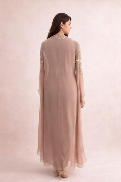 Beige 3 pc indowestern cape on long hangings with cowl drape skirt and bustier