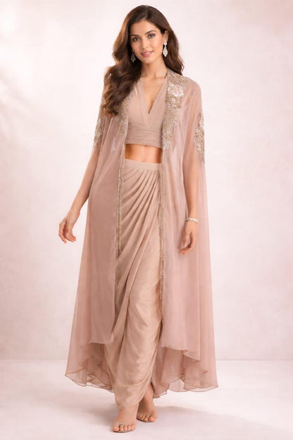 Beige 3 pc indowestern cape on long hangings with cowl drape skirt and bustier