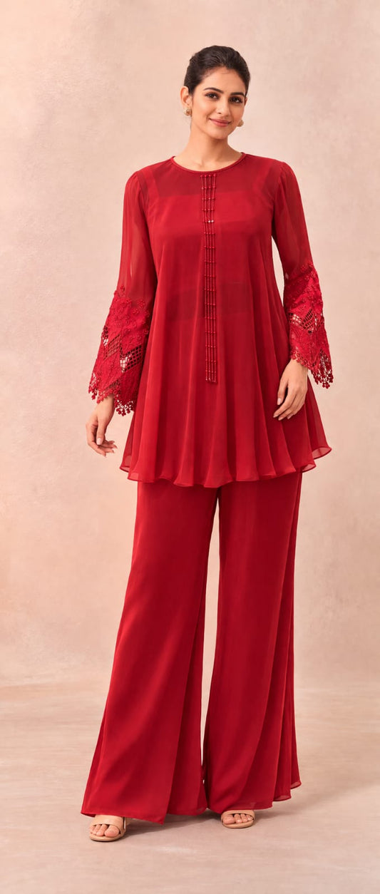 Red Flare kurta with cutwork on sleeves & long hanging on neck with pant