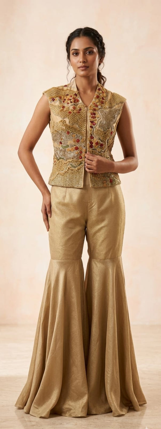 Golden heavy wool & zardozi work on jacket top with flared pant