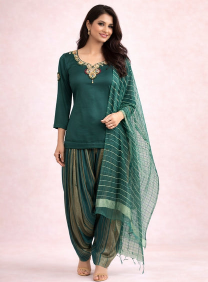 Embellished Green Kurti & Striped Farsi Salwar