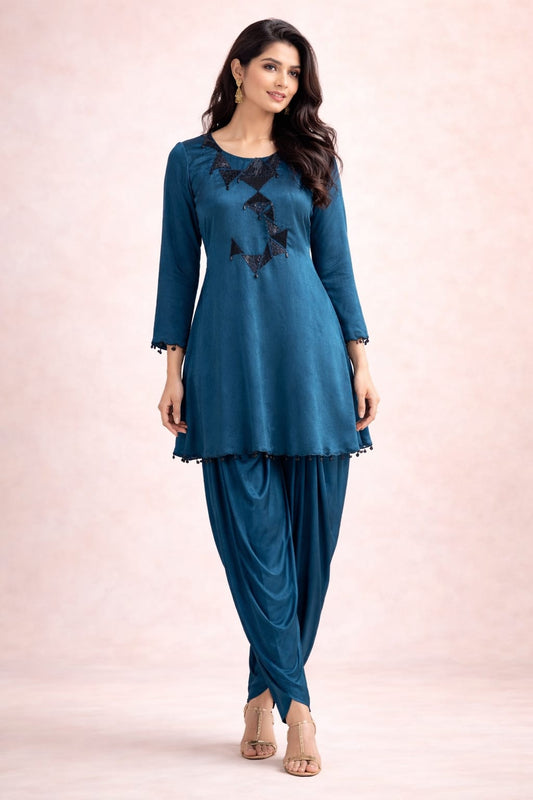 Teal blue corset with abstract work on neckline sequence & cutdana with dhoti pant
